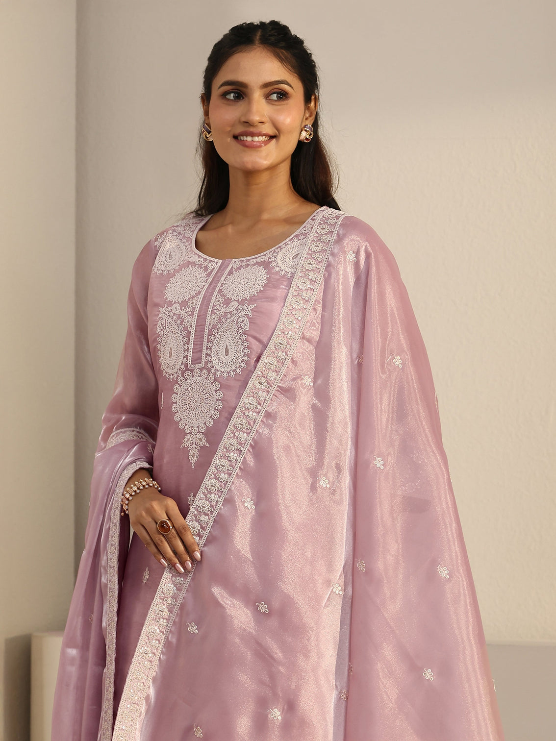 Mameraa Pink Paisley Embroidered Tissue Straight Suit Set