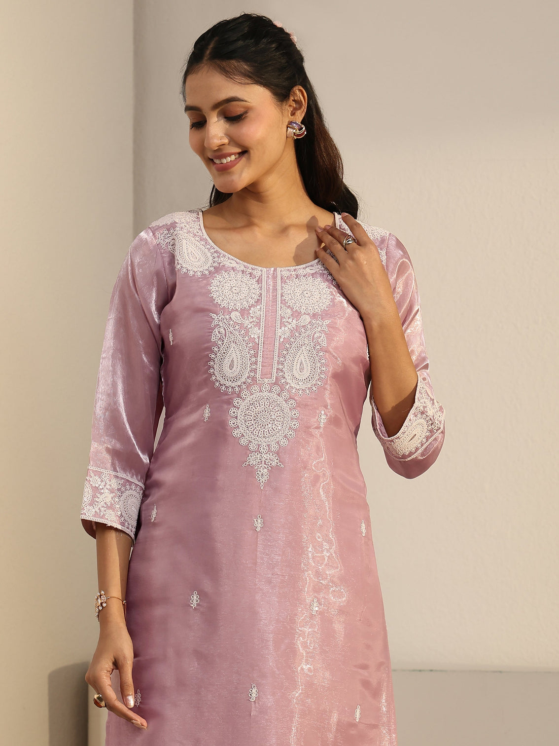 Mameraa Pink Paisley Embroidered Tissue Straight Suit Set