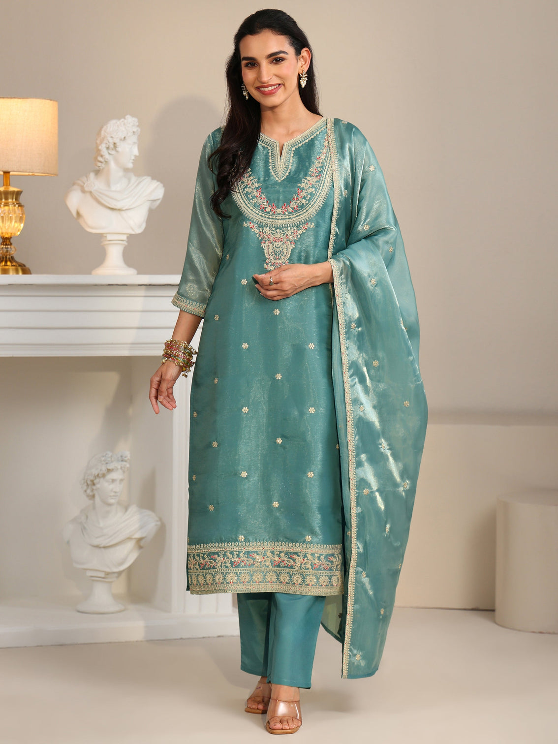 Mameraa Aqua Blue Ethnic Embroidered Tissue Straight  Suit Set
