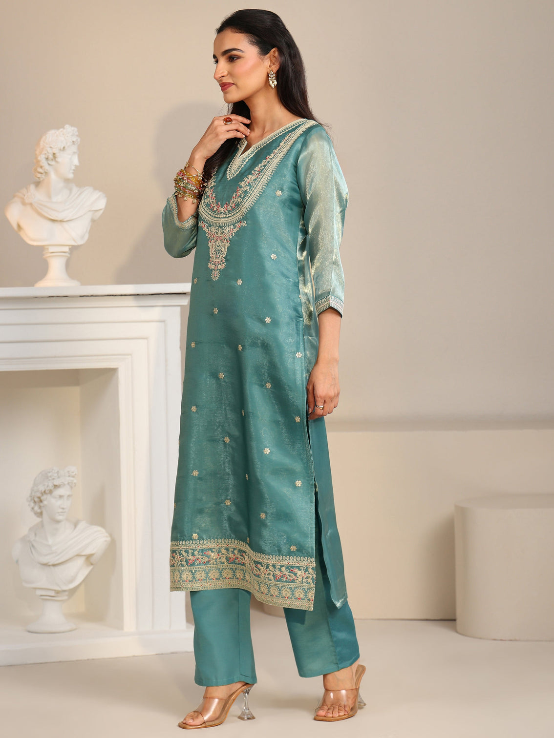 Mameraa Aqua Blue Ethnic Embroidered Tissue Straight  Suit Set