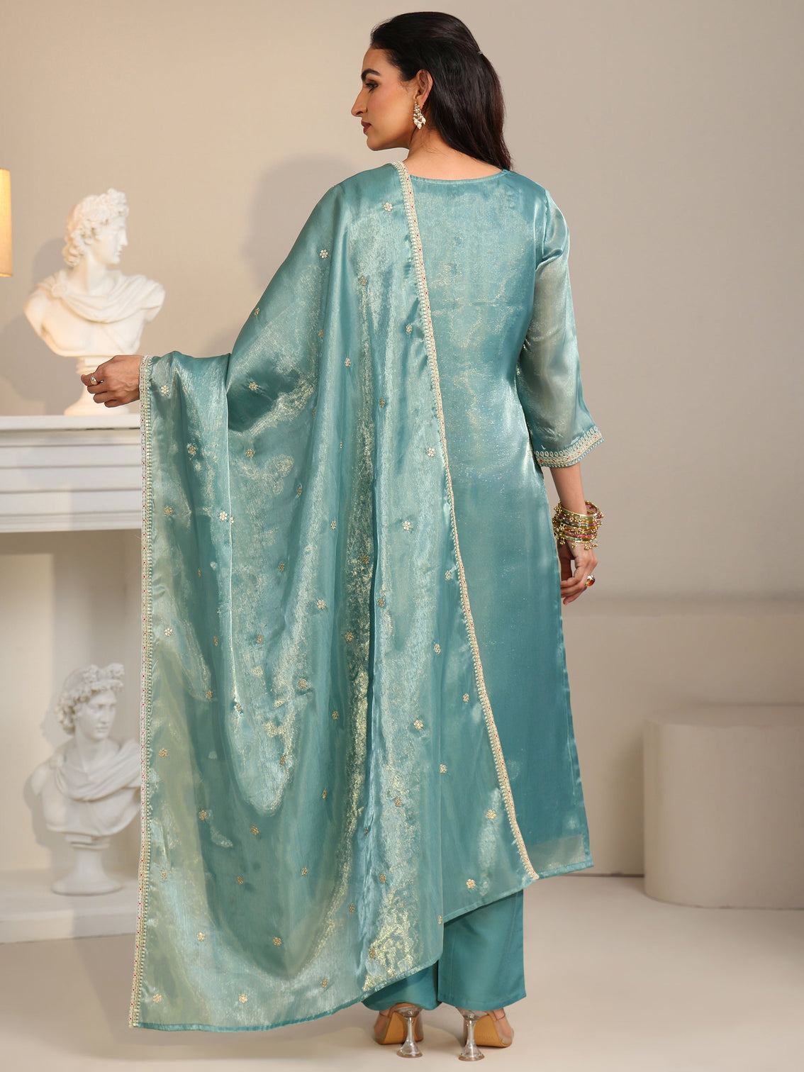 Mameraa Aqua Blue Ethnic Embroidered Tissue Straight  Suit Set