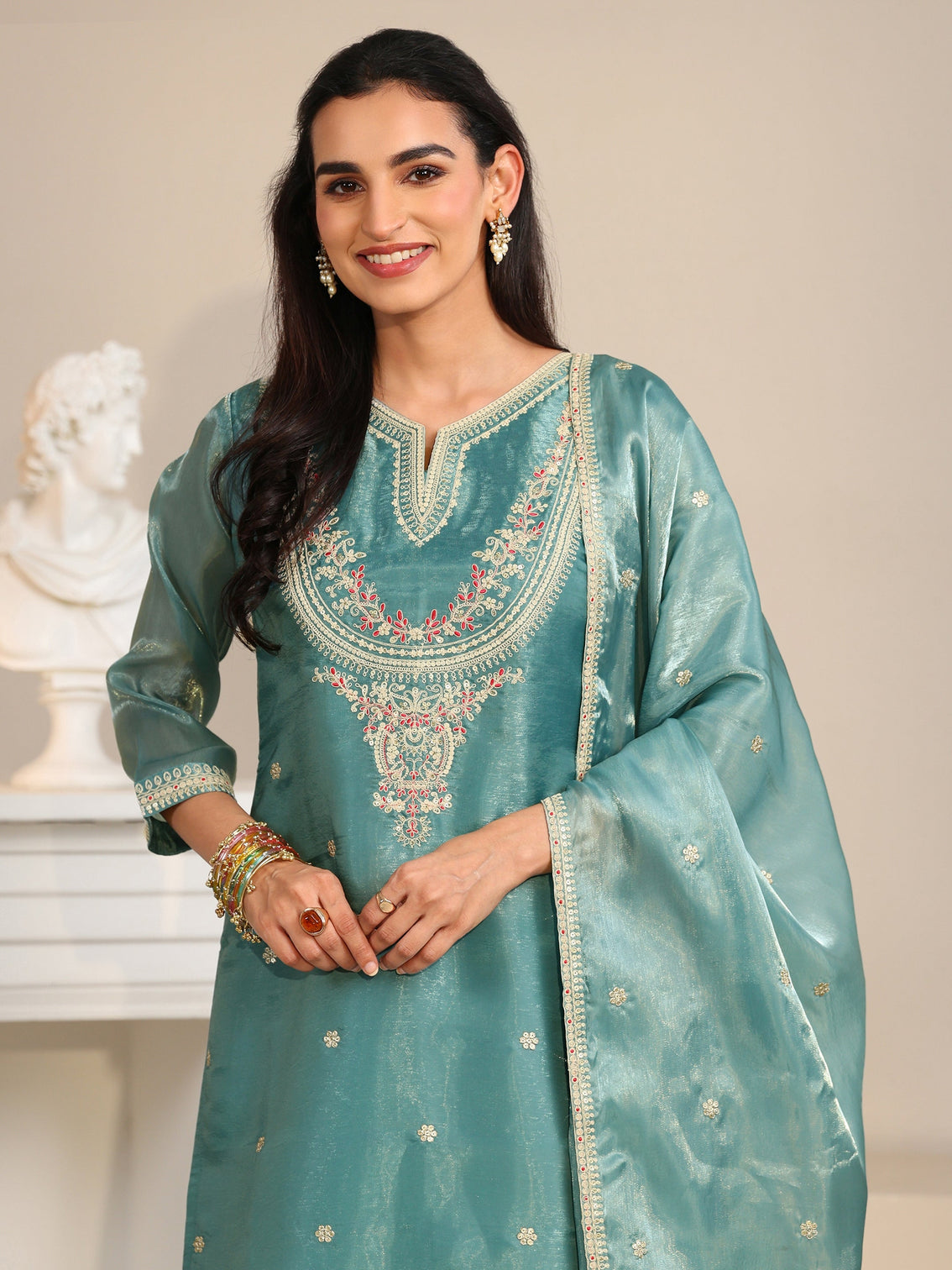 Mameraa Aqua Blue Ethnic Embroidered Tissue Straight  Suit Set