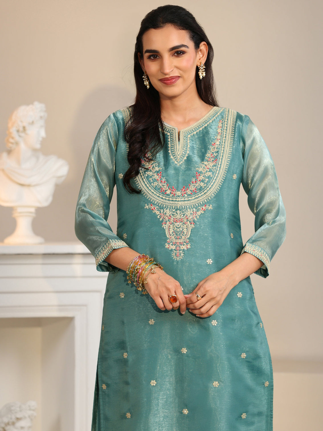 Mameraa Aqua Blue Ethnic Embroidered Tissue Straight  Suit Set