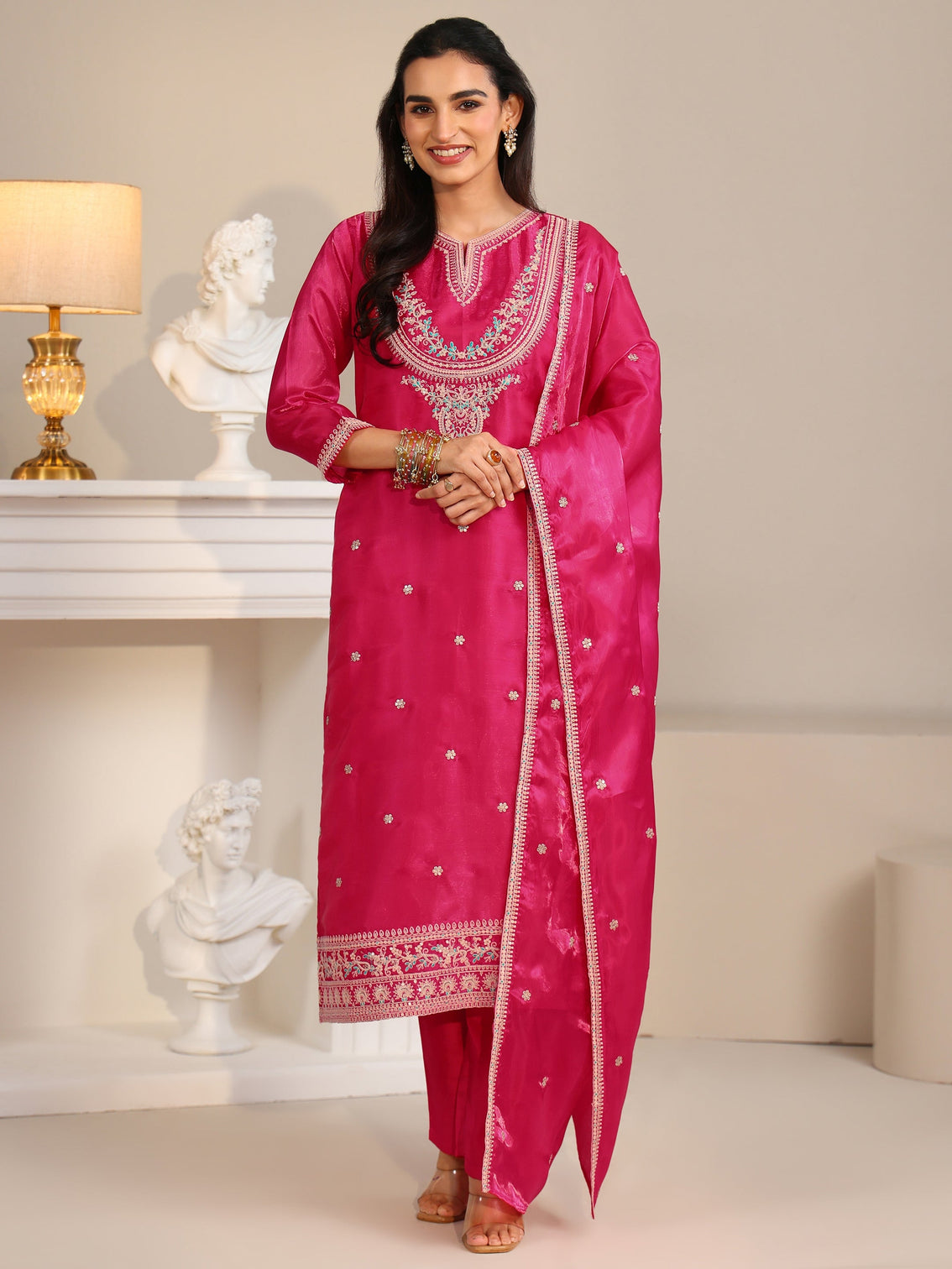 Mameraa Rani Pink Ethnic Embroidered Tissue Straight Suit Set