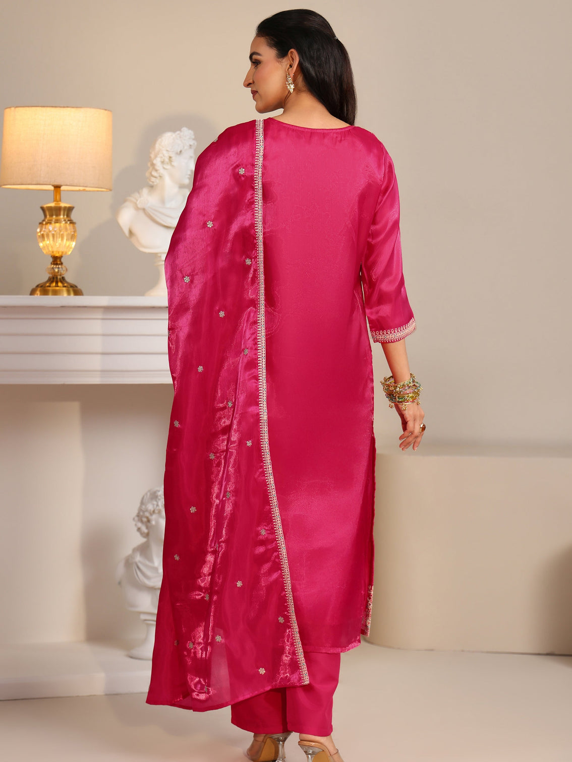 Mameraa Rani Pink Ethnic Embroidered Tissue Straight Suit Set