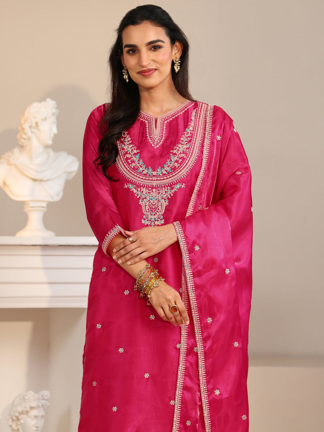 Mameraa Rani Pink Ethnic Embroidered Tissue Straight Suit Set