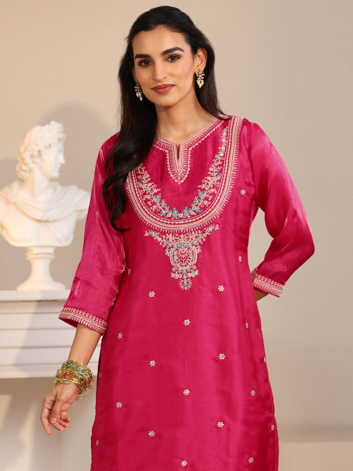 Mameraa Rani Pink Ethnic Embroidered Tissue Straight Suit Set