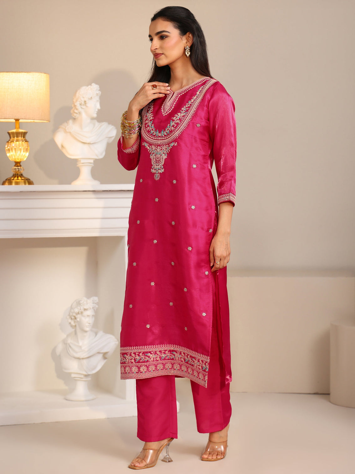 Mameraa Rani Pink Ethnic Embroidered Tissue Straight Suit Set