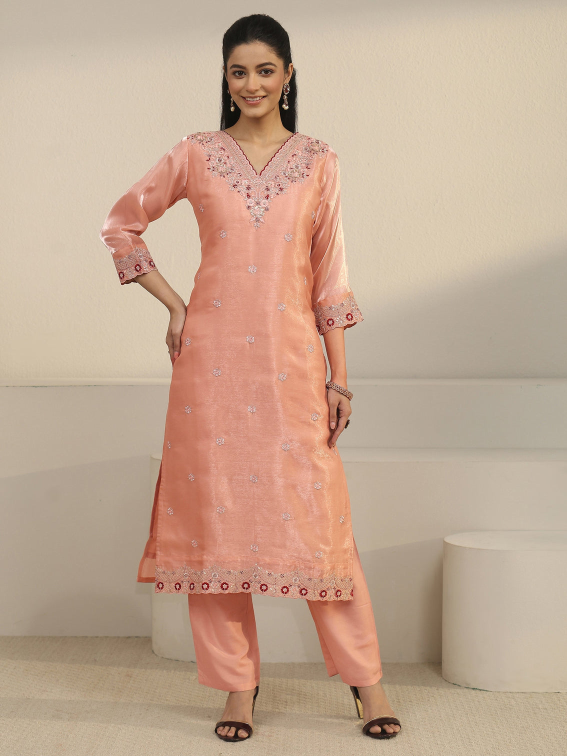 Mameraa Peach Pink Floral Embroidered Tissue Straight Suit Set