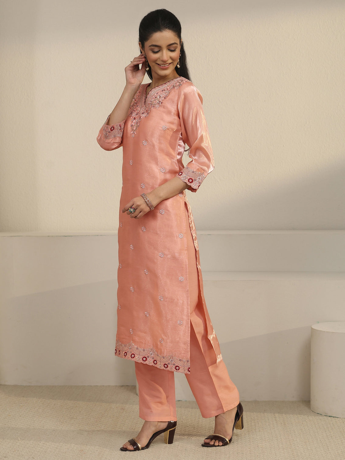 Mameraa Peach Pink Floral Embroidered Tissue Straight Suit Set