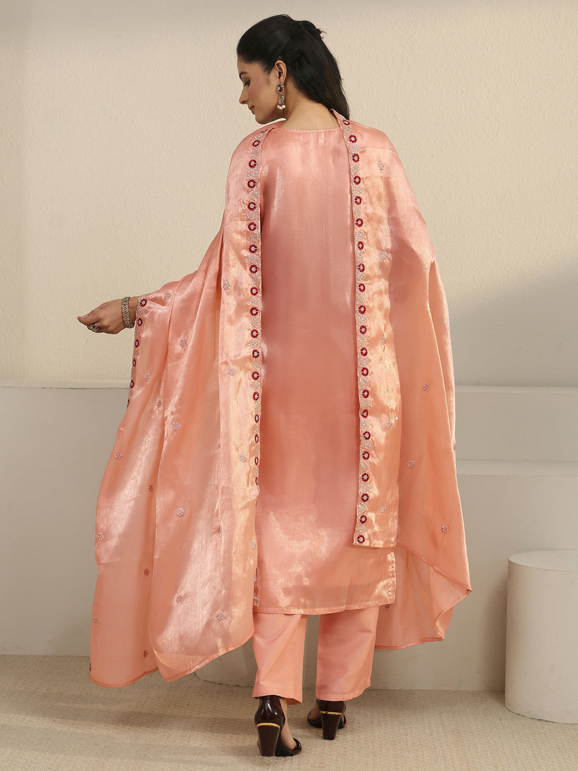 Mameraa Peach Pink Floral Embroidered Tissue Straight Suit Set