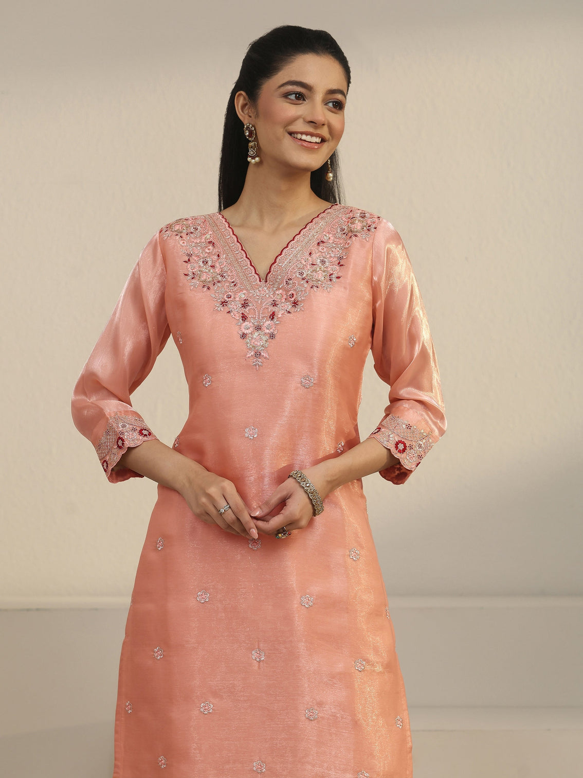 Mameraa Peach Pink Floral Embroidered Tissue Straight Suit Set