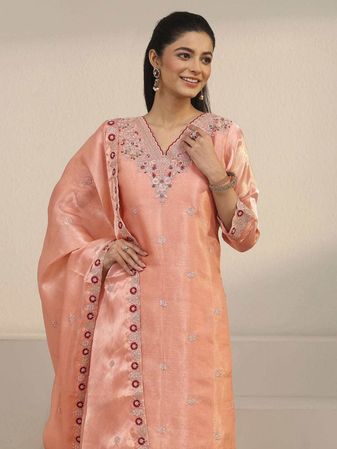 Mameraa Peach Pink Floral Embroidered Tissue Straight Suit Set