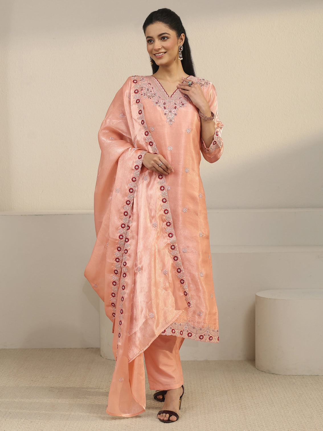 Mameraa Peach Pink Floral Embroidered Tissue Straight Suit Set