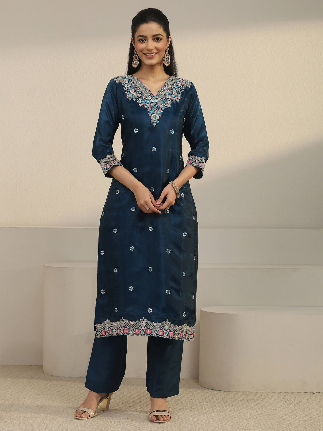 Mameraa Teal Blue Floral Embroidered Tissue Straight Suit Set