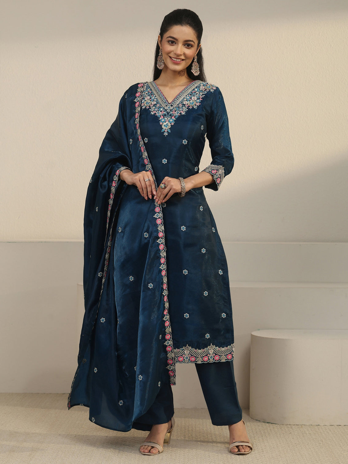 Mameraa Teal Blue Floral Embroidered Tissue Straight Suit Set