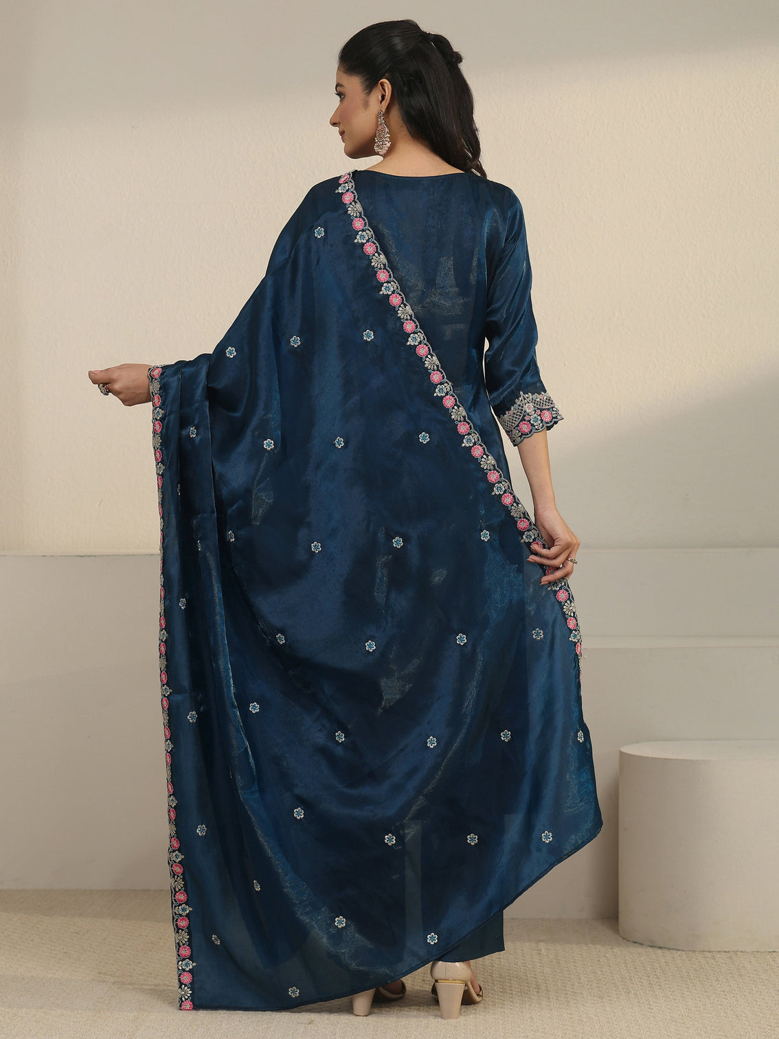Mameraa Teal Blue Floral Embroidered Tissue Straight Suit Set