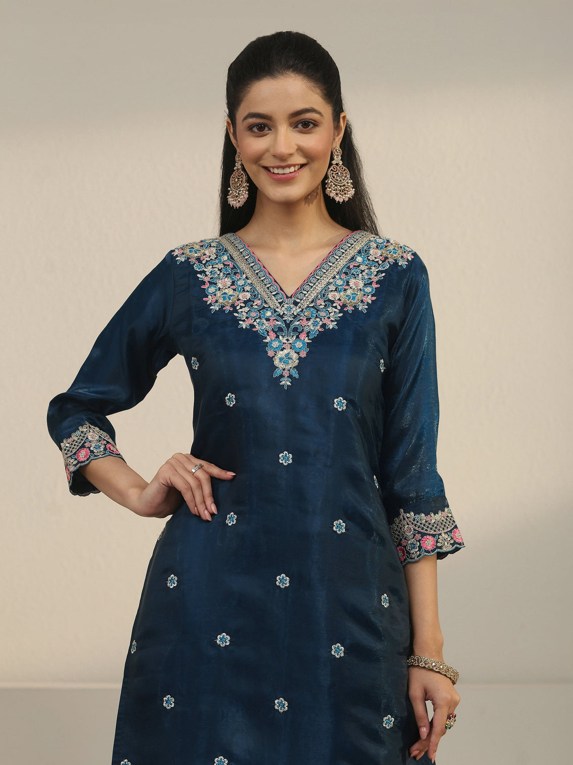 Mameraa Teal Blue Floral Embroidered Tissue Straight Suit Set