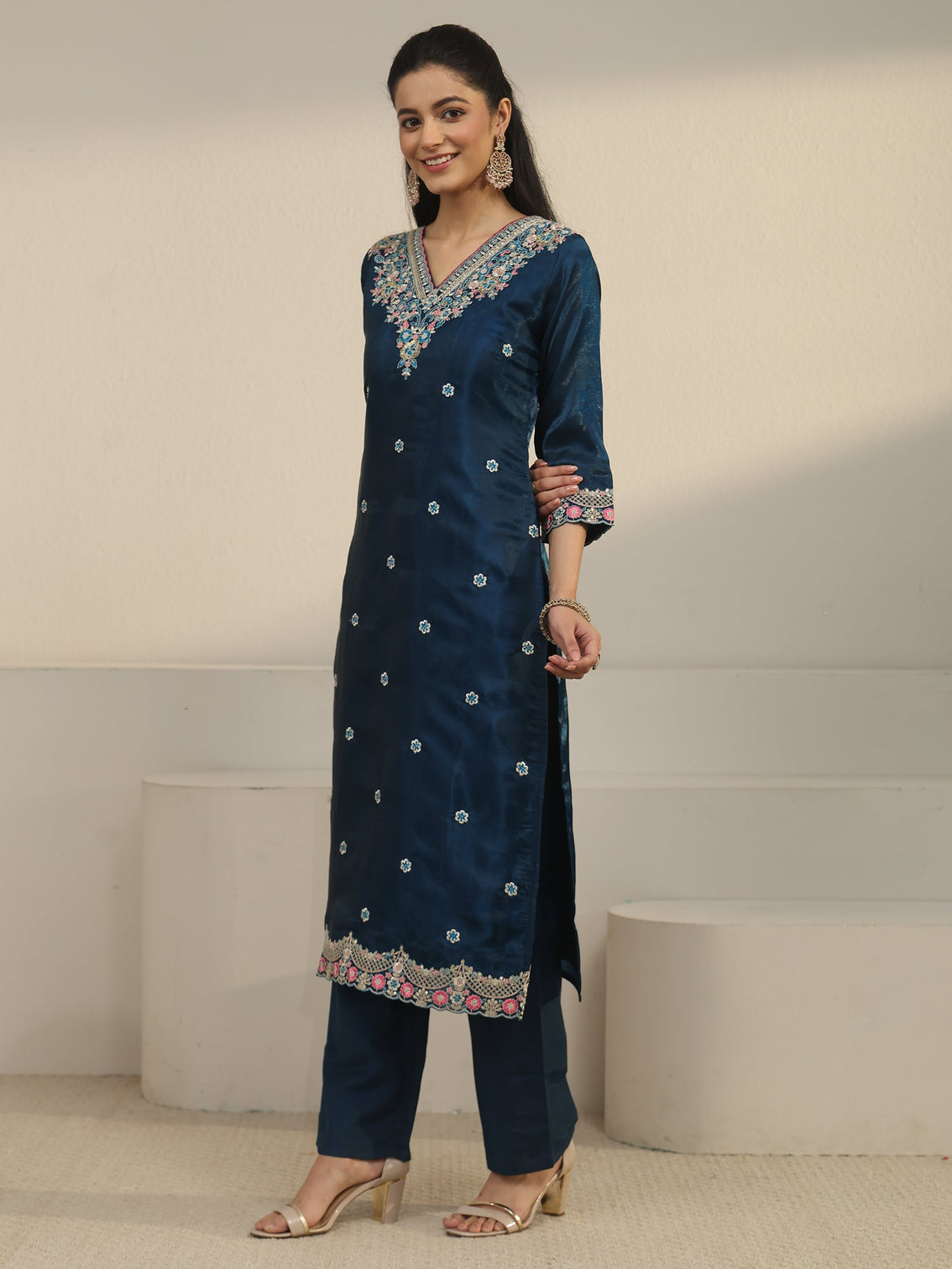 Mameraa Teal Blue Floral Embroidered Tissue Straight Suit Set