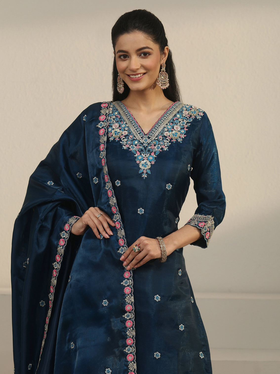 Mameraa Teal Blue Floral Embroidered Tissue Straight Suit Set