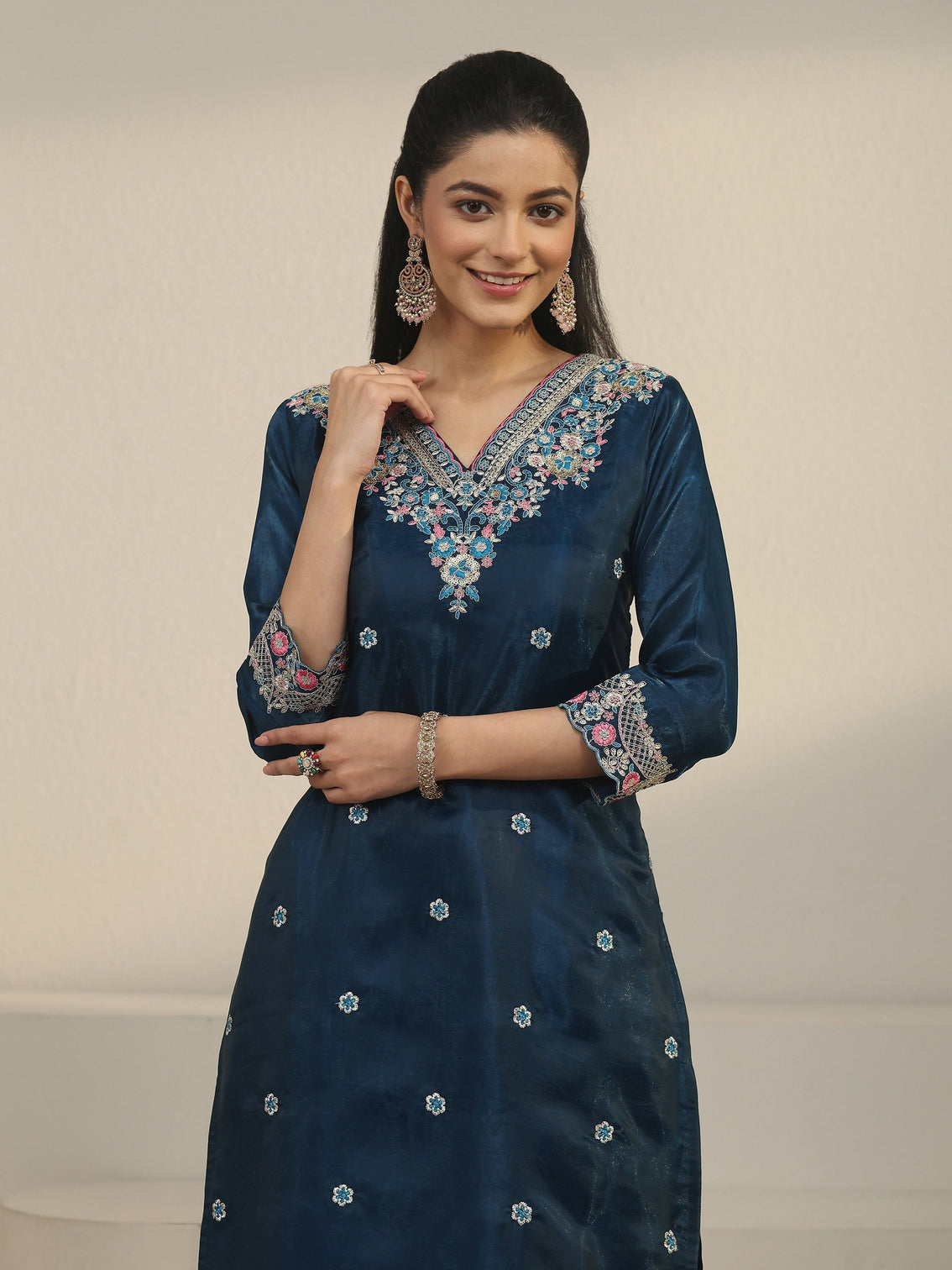 Mameraa Teal Blue Floral Embroidered Tissue Straight Suit Set