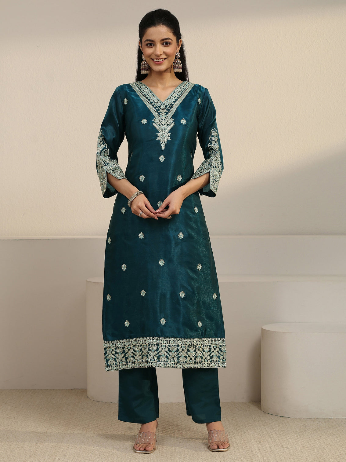 Mameraa Blue Floral Embroidered Tissue Straight Suit Set
