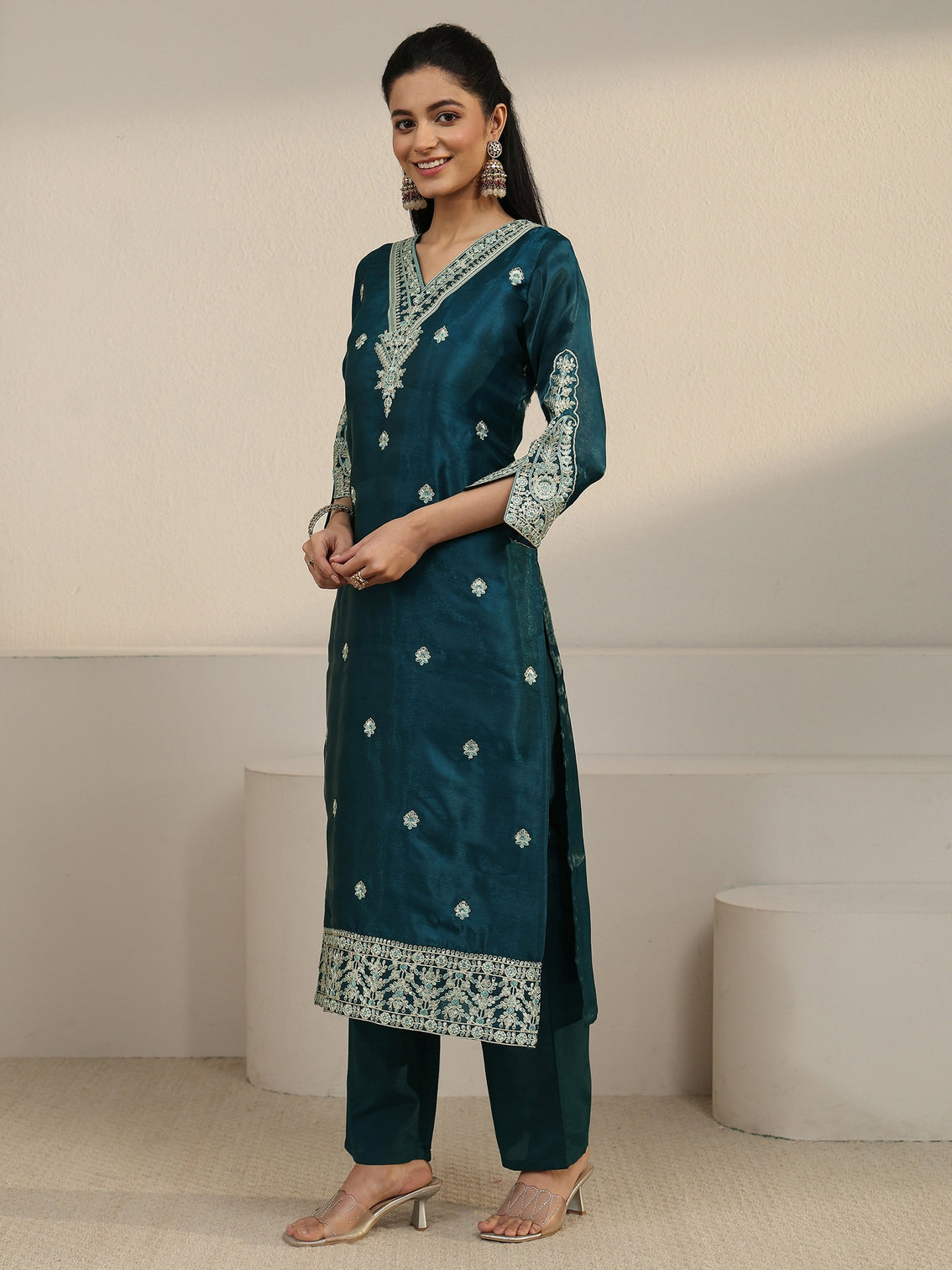 Mameraa Blue Floral Embroidered Tissue Straight Suit Set