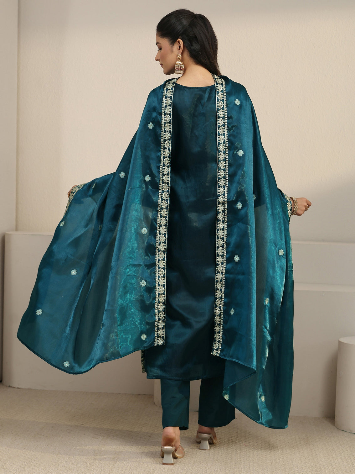 Mameraa Blue Floral Embroidered Tissue Straight Suit Set