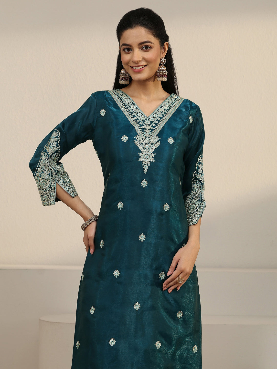 Mameraa Blue Floral Embroidered Tissue Straight Suit Set