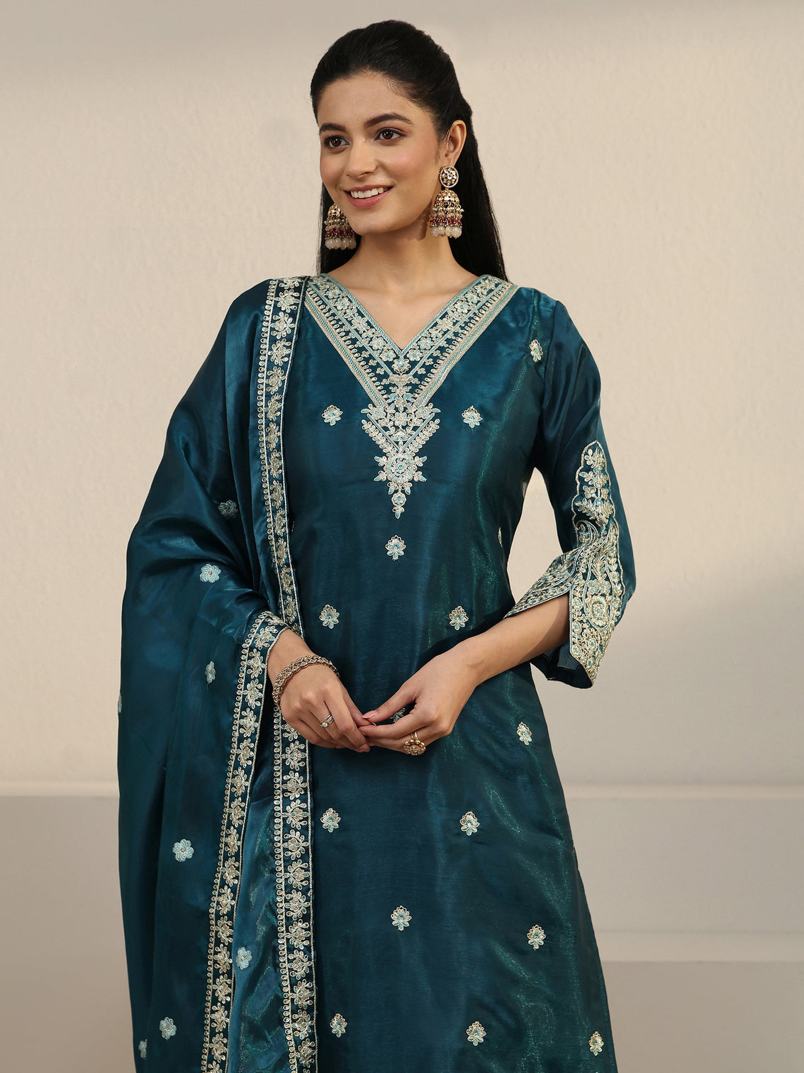 Mameraa Blue Floral Embroidered Tissue Straight Suit Set