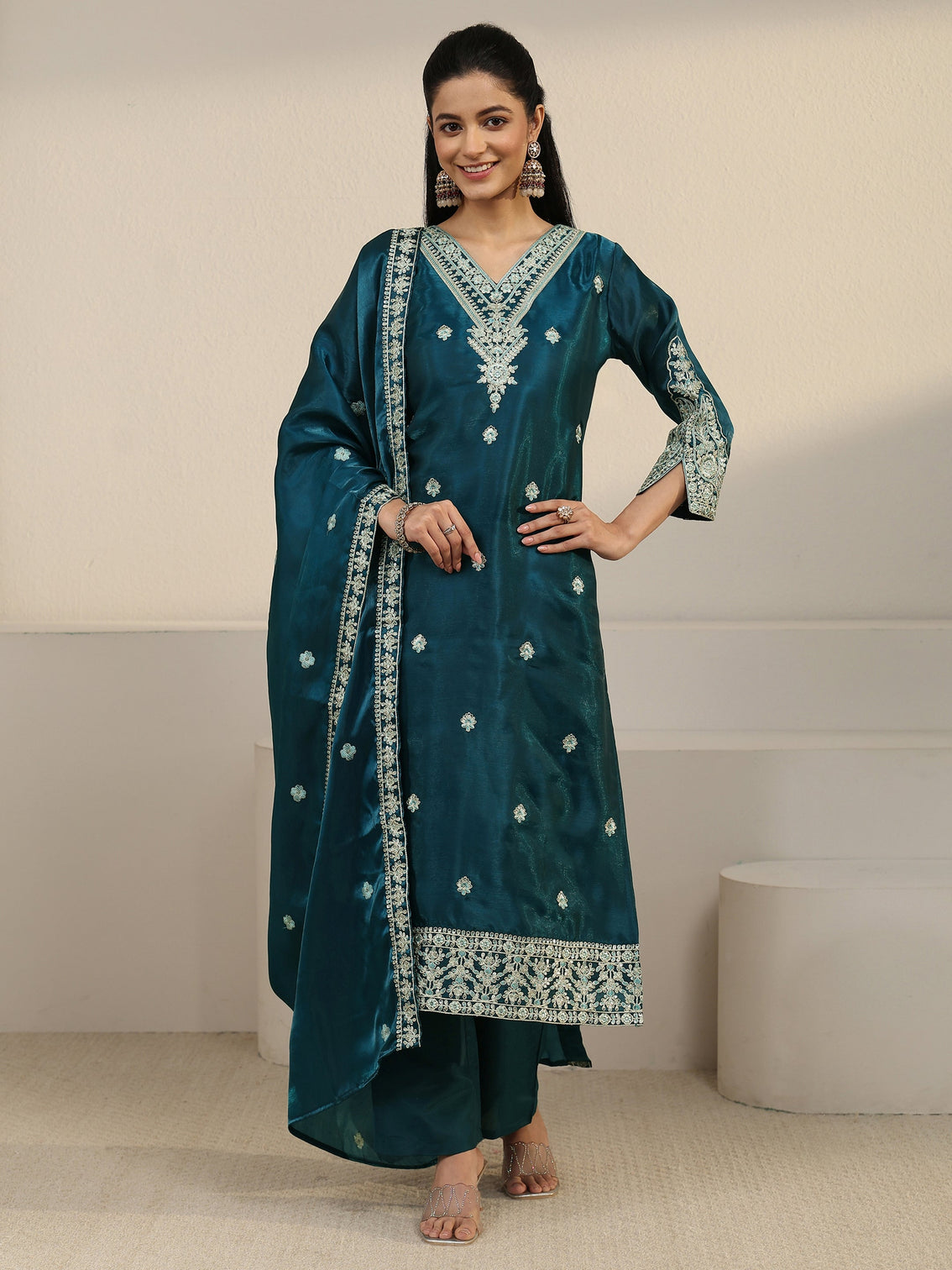 Mameraa Blue Floral Embroidered Tissue Straight Suit Set
