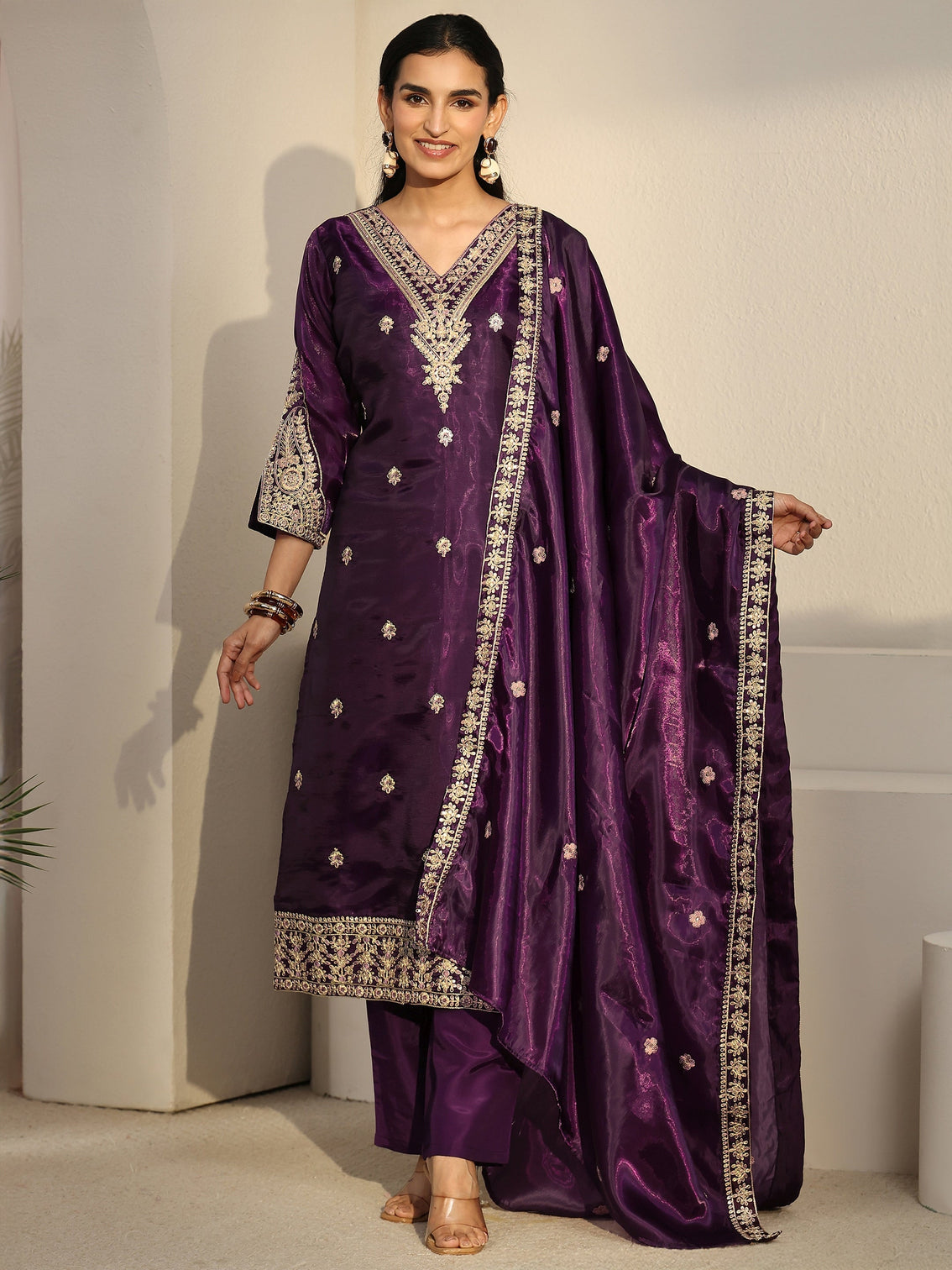 Mameraa Burgundy Floral Embroidered Tissue Straight Suit Set