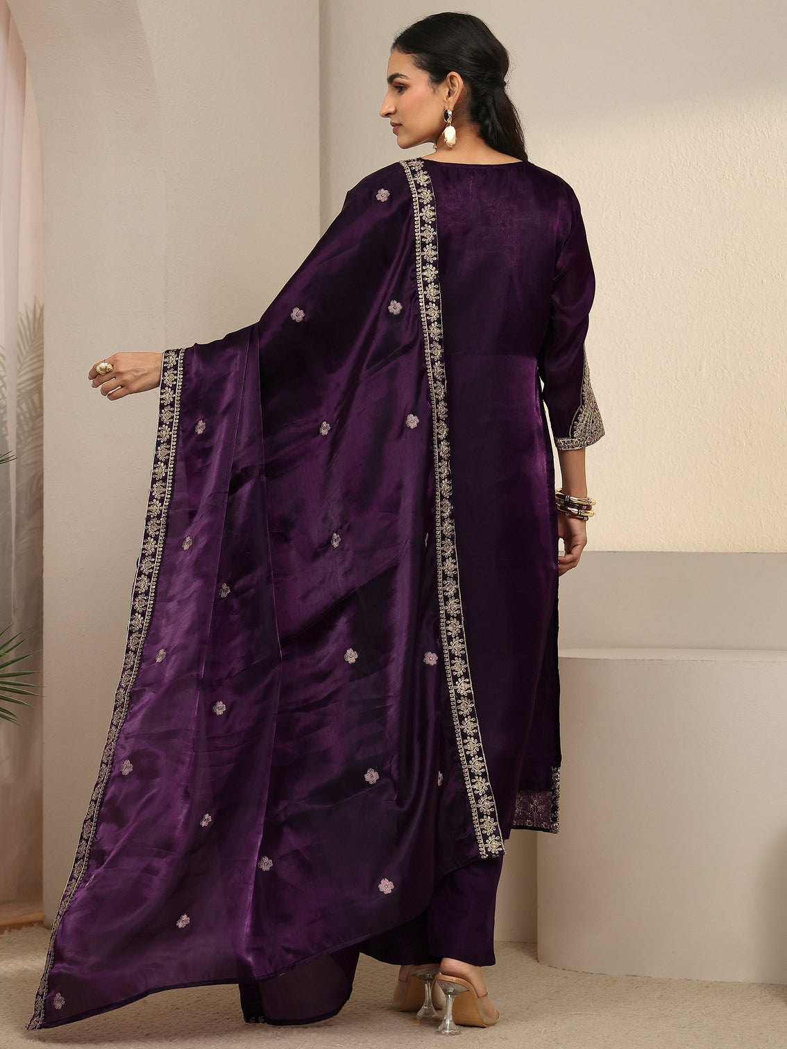 Mameraa Burgundy Floral Embroidered Tissue Straight Suit Set