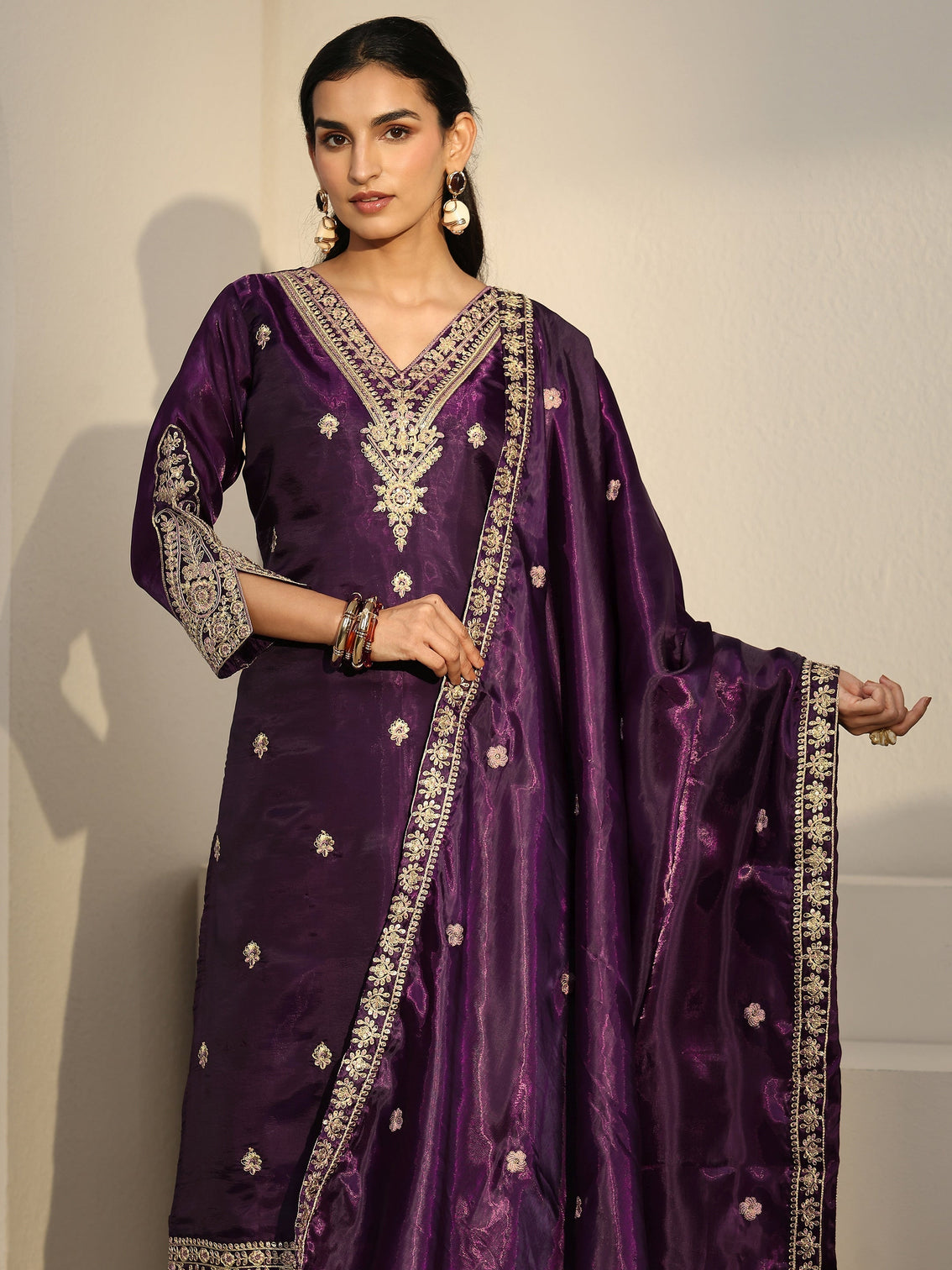 Mameraa Burgundy Floral Embroidered Tissue Straight Suit Set