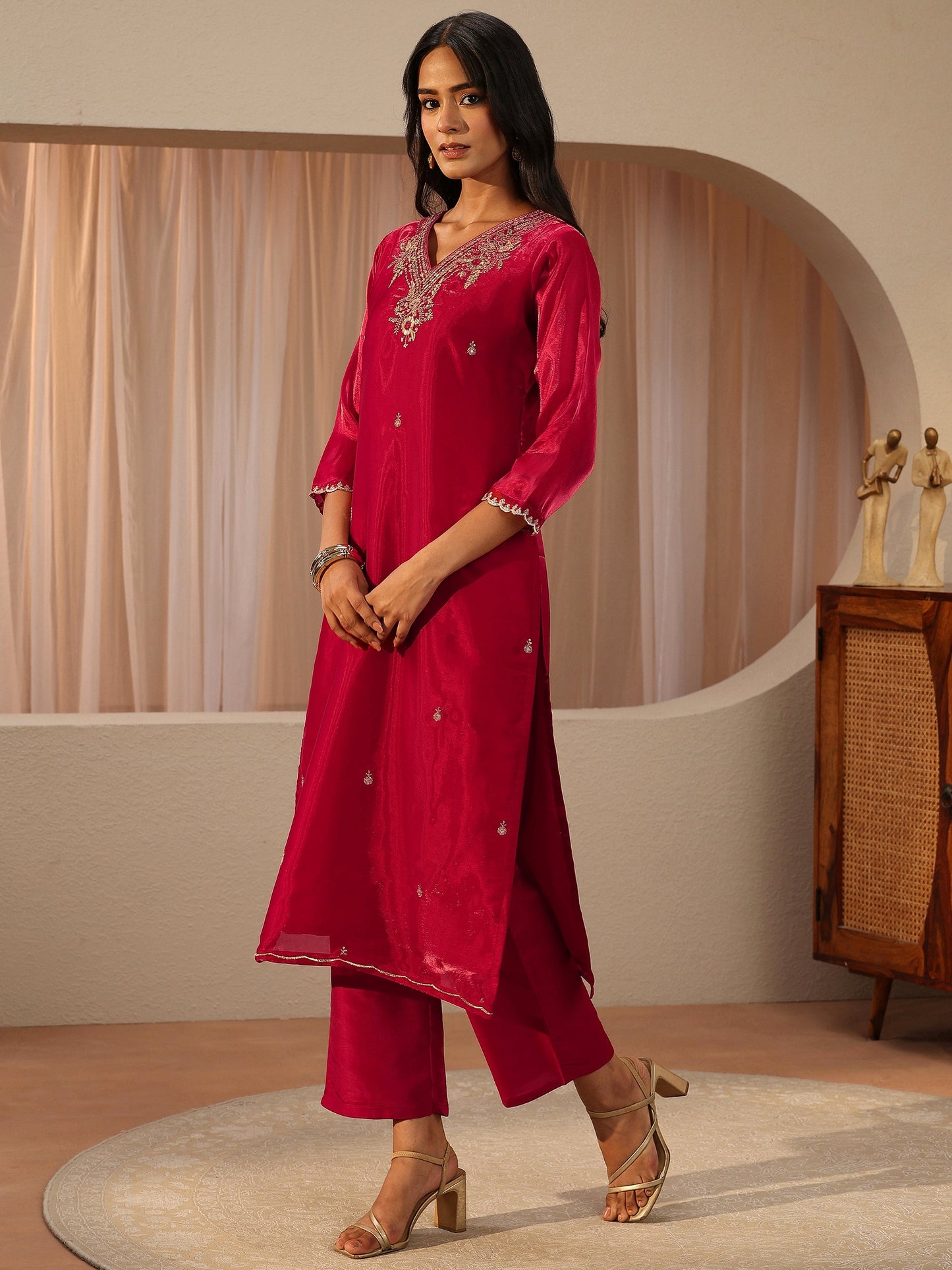 Libas Red Floral Embroidered Tissue Straight Suit Set