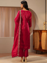 Libas Red Floral Embroidered Tissue Straight Suit Set
