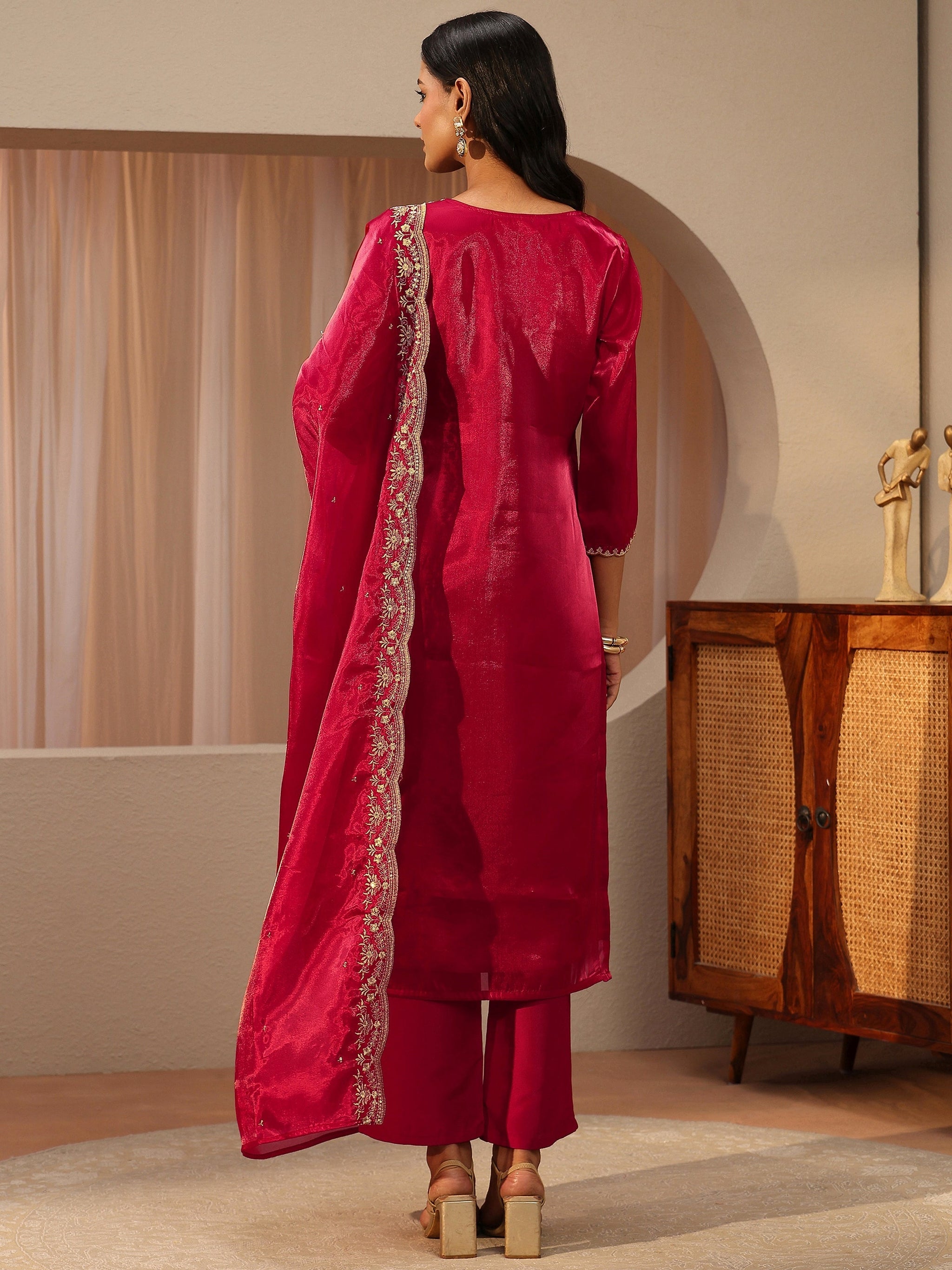 Libas Red Floral Embroidered Tissue Straight Suit Set