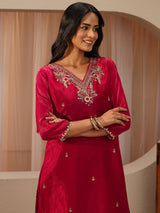 Libas Red Floral Embroidered Tissue Straight Suit Set
