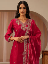 Libas Red Floral Embroidered Tissue Straight Suit Set