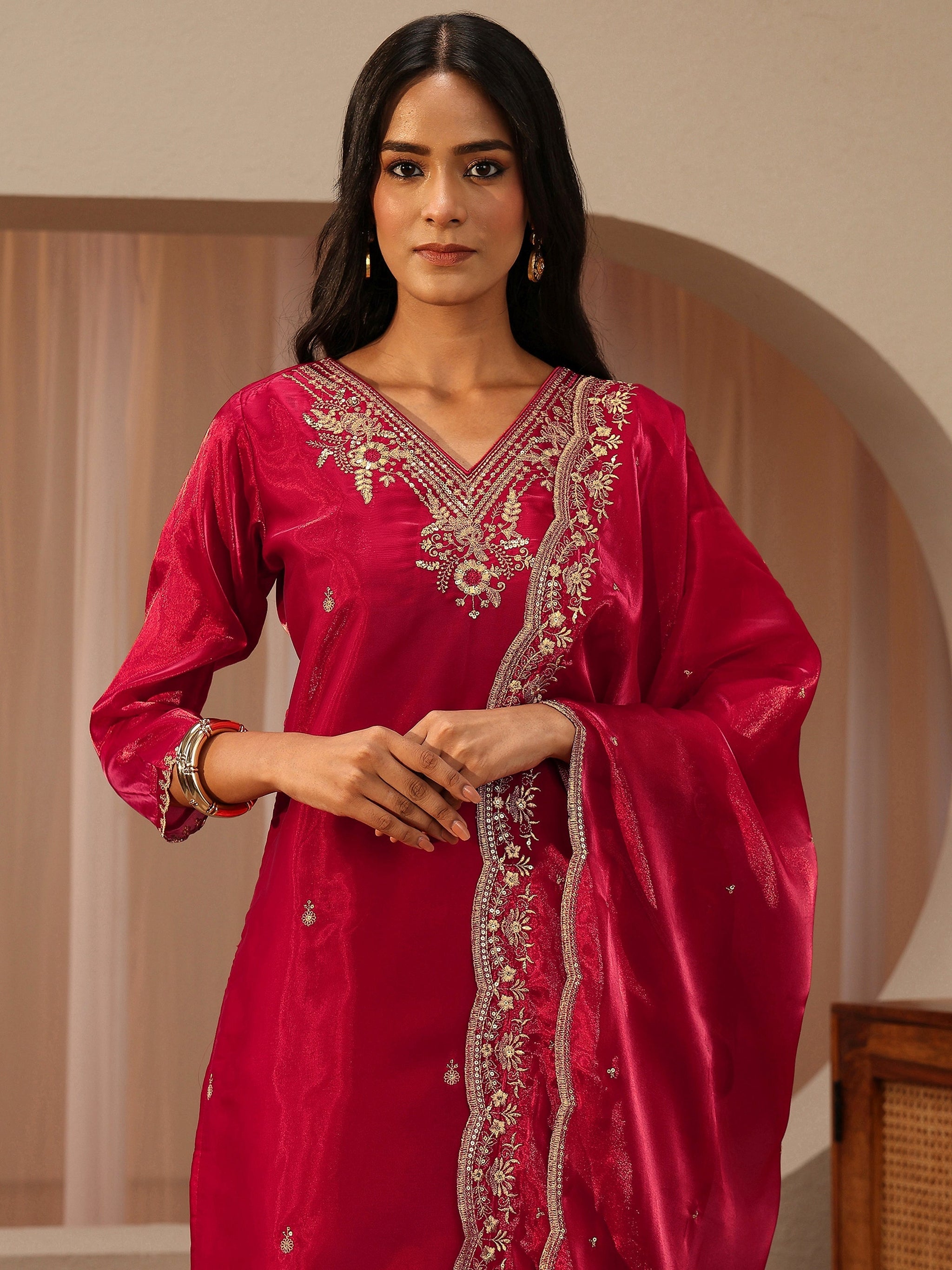 Libas Red Floral Embroidered Tissue Straight Suit Set