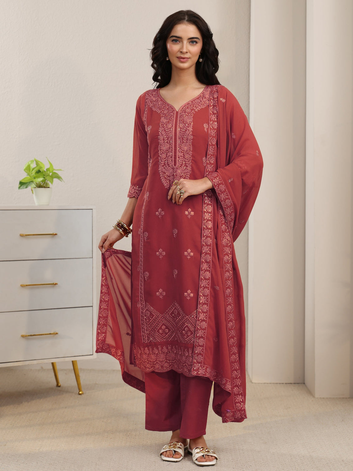 Mameraa Rust Red Floral Embroidered Georgette Straight Suit Set
