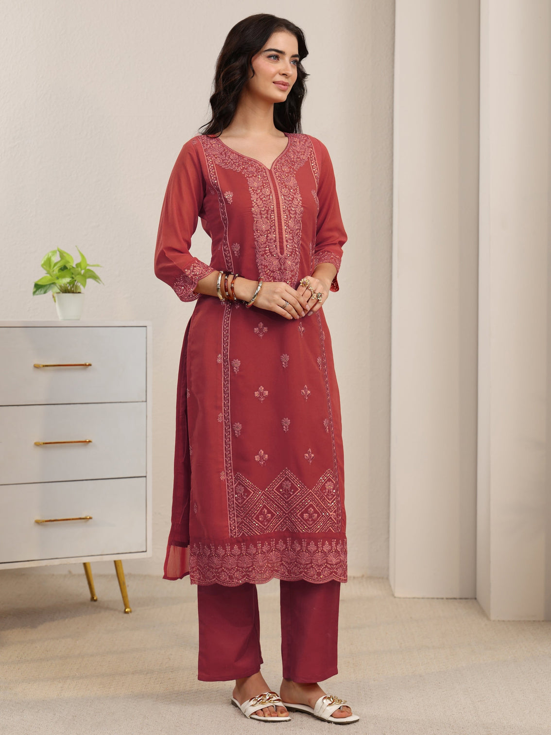 Mameraa Rust Red Floral Embroidered Georgette Straight Suit Set