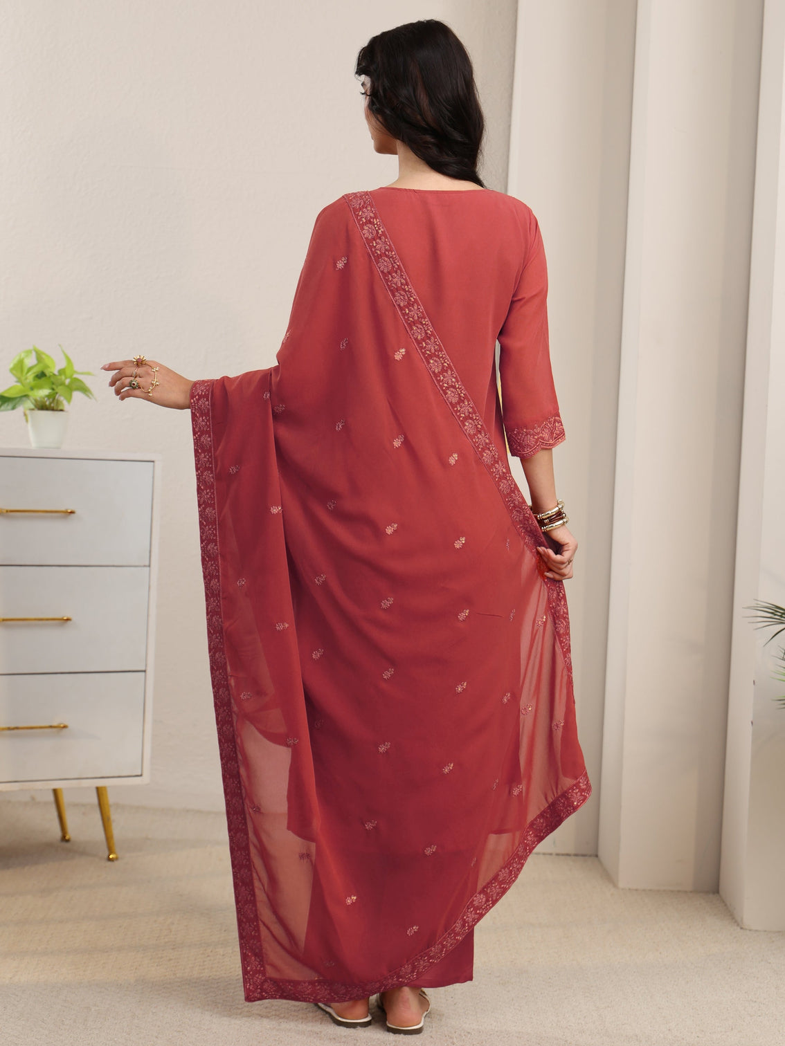 Mameraa Rust Red Floral Embroidered Georgette Straight Suit Set