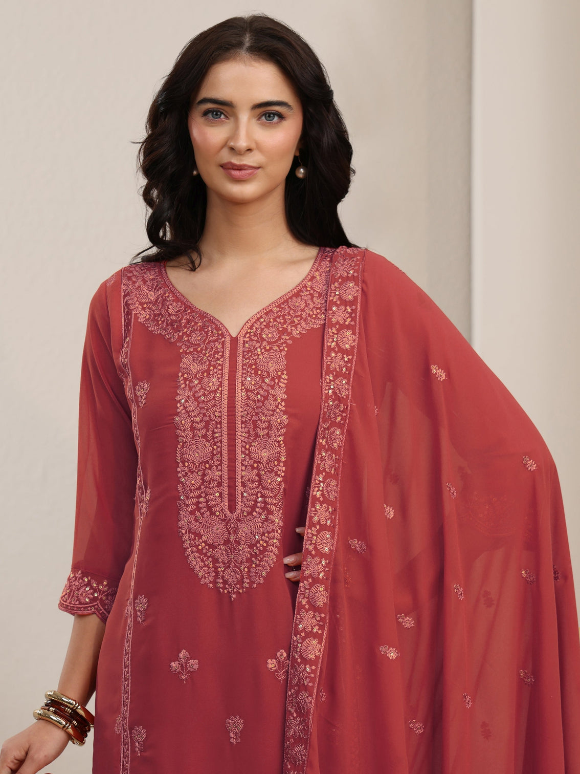 Mameraa Rust Red Floral Embroidered Georgette Straight Suit Set