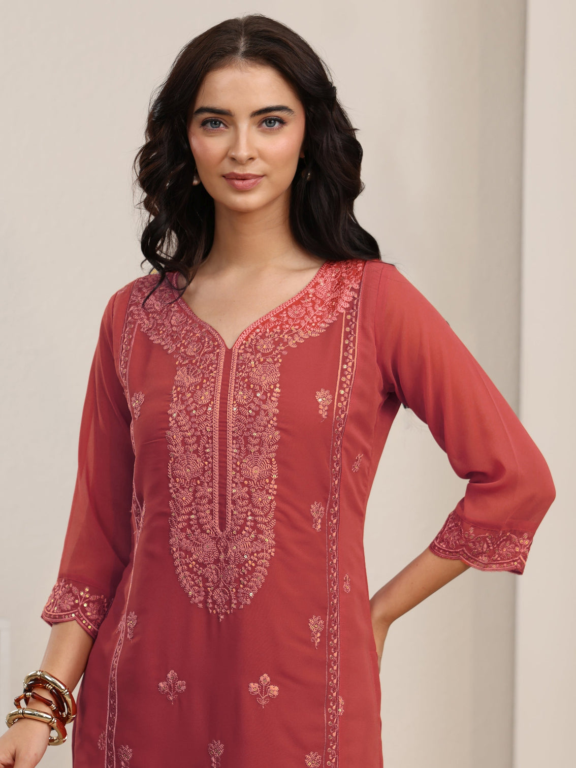 Mameraa Rust Red Floral Embroidered Georgette Straight Suit Set