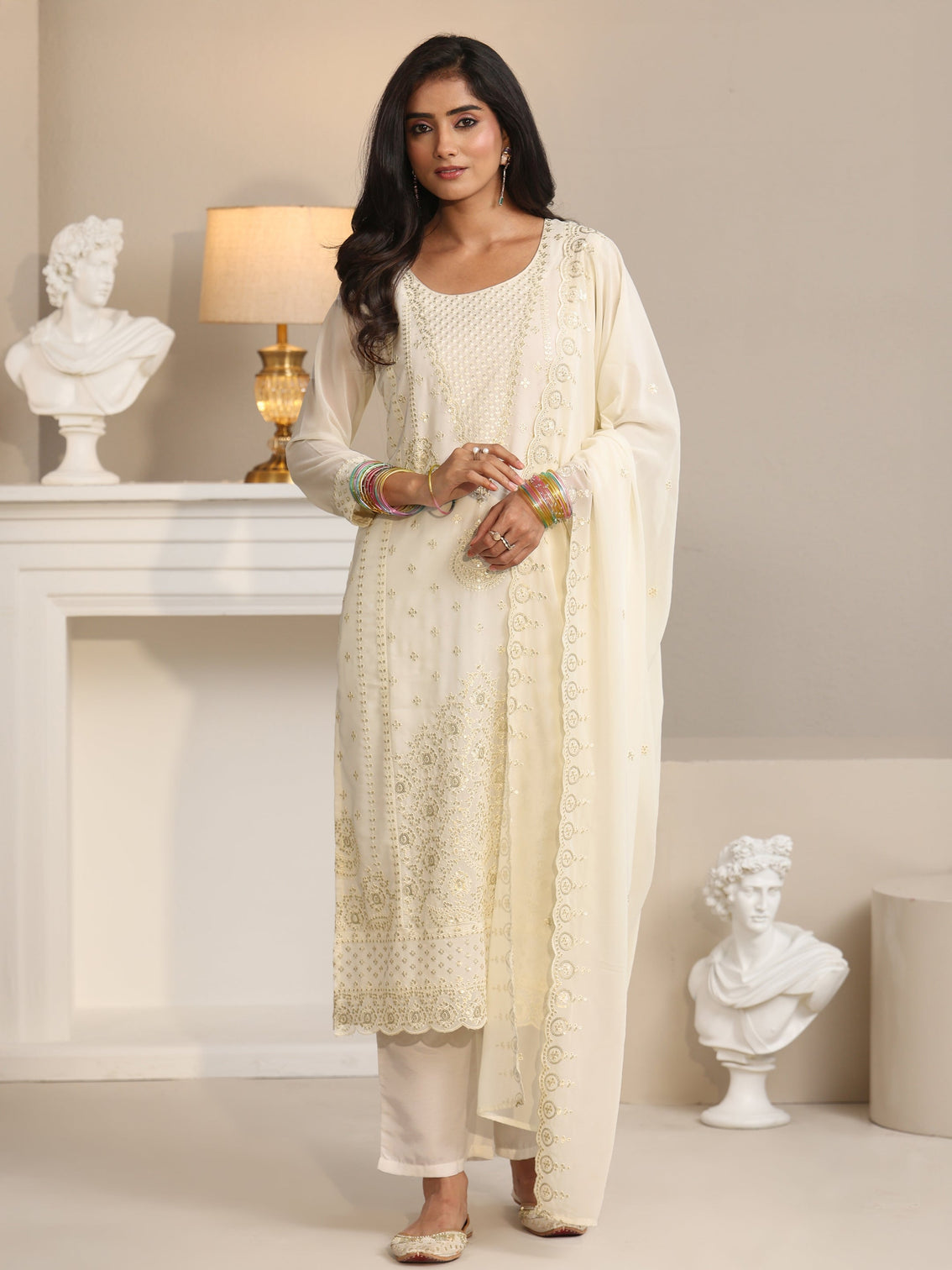 Mameraa Off White Embroidered Georgette Straight Suit Set
