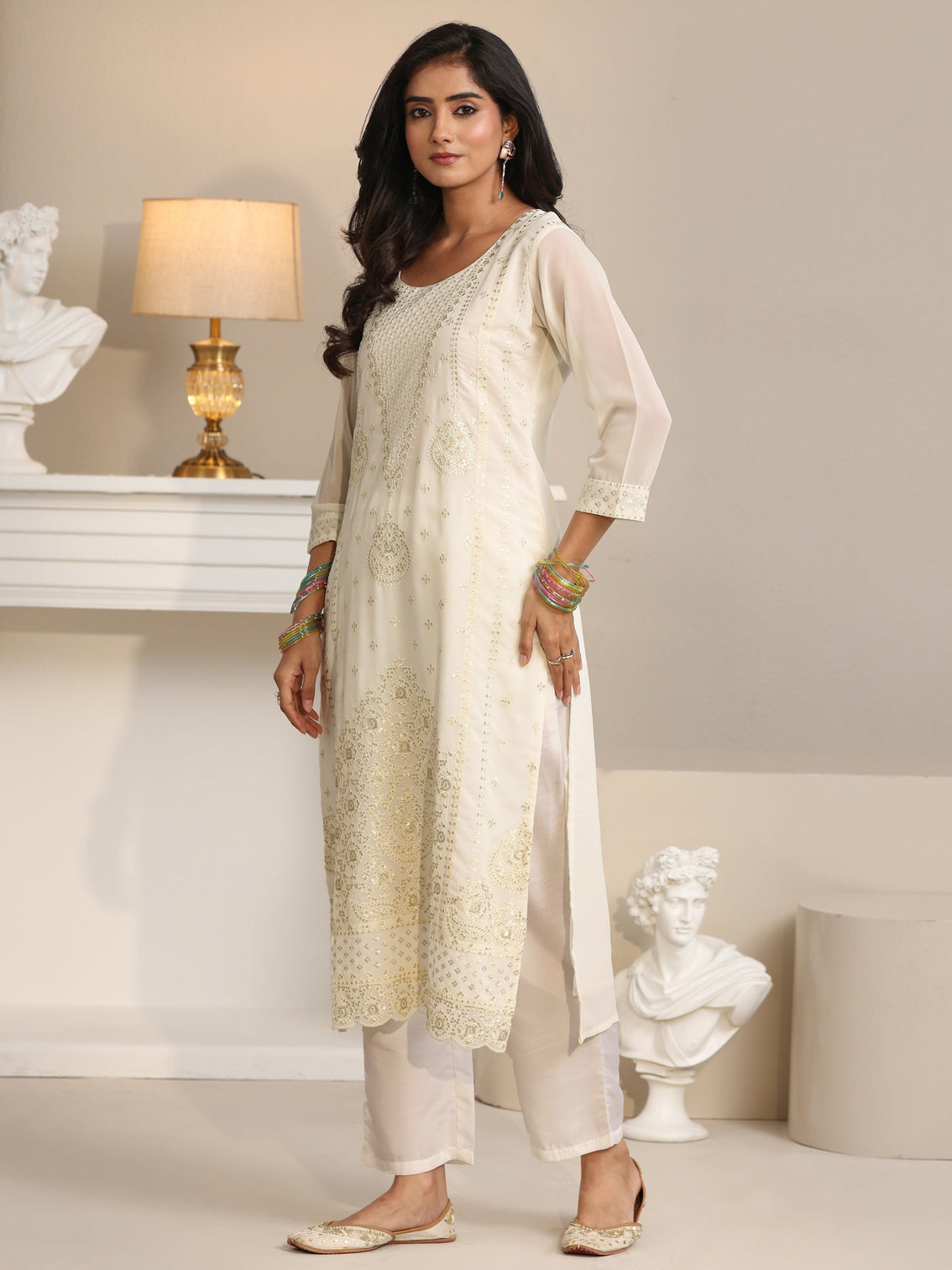 Mameraa Off White Embroidered Georgette Straight Suit Set