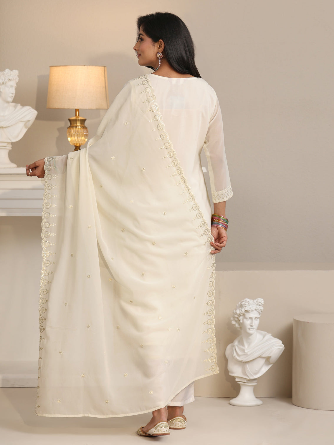 Mameraa Off White Embroidered Georgette Straight Suit Set