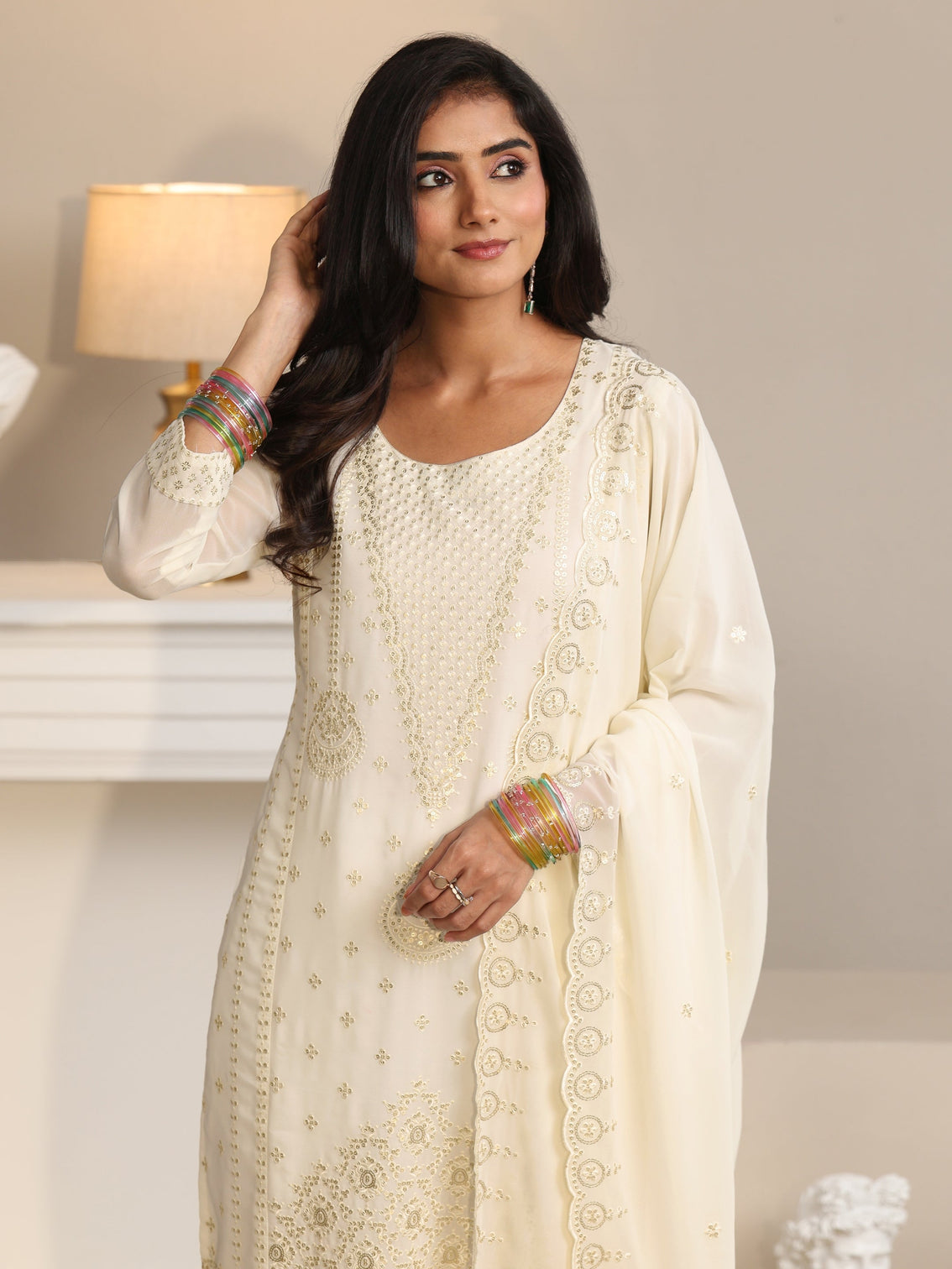Mameraa Off White Embroidered Georgette Straight Suit Set