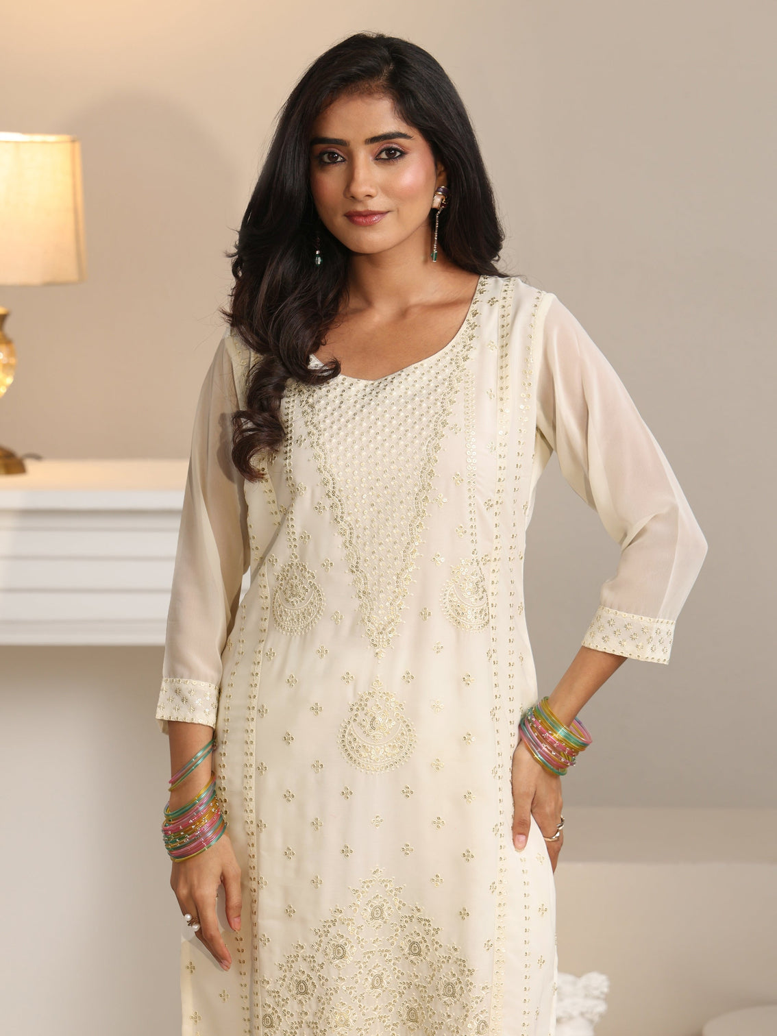 Mameraa Off White Embroidered Georgette Straight Suit Set
